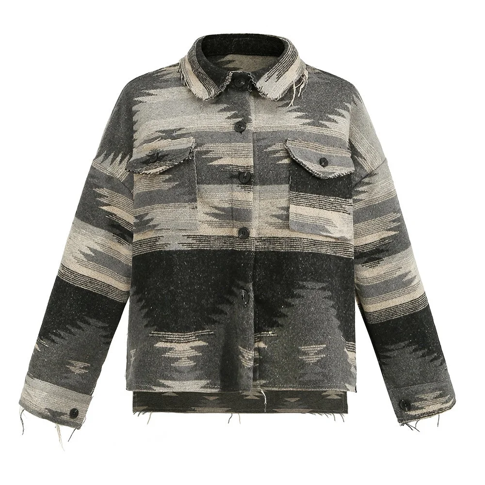 Women's Aztec Jacket Geometric Slit Button Pocket Coat