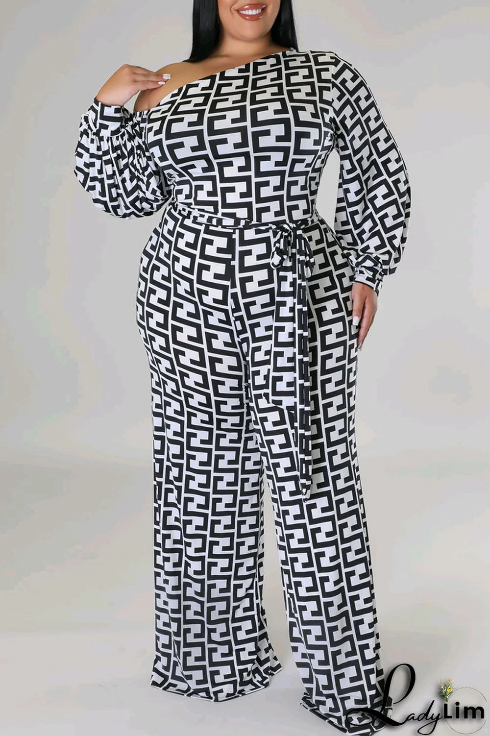 White Fashion Casual Print Patchwork Asymmetrical Collar Plus Size Jumpsuits