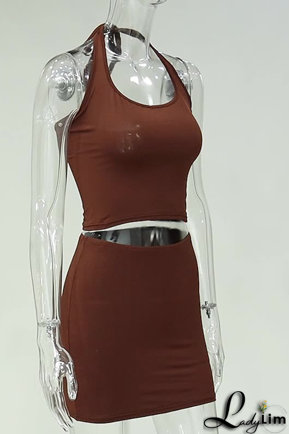 Coffee Sexy Solid Patchwork Halter Sleeveless Two Pieces