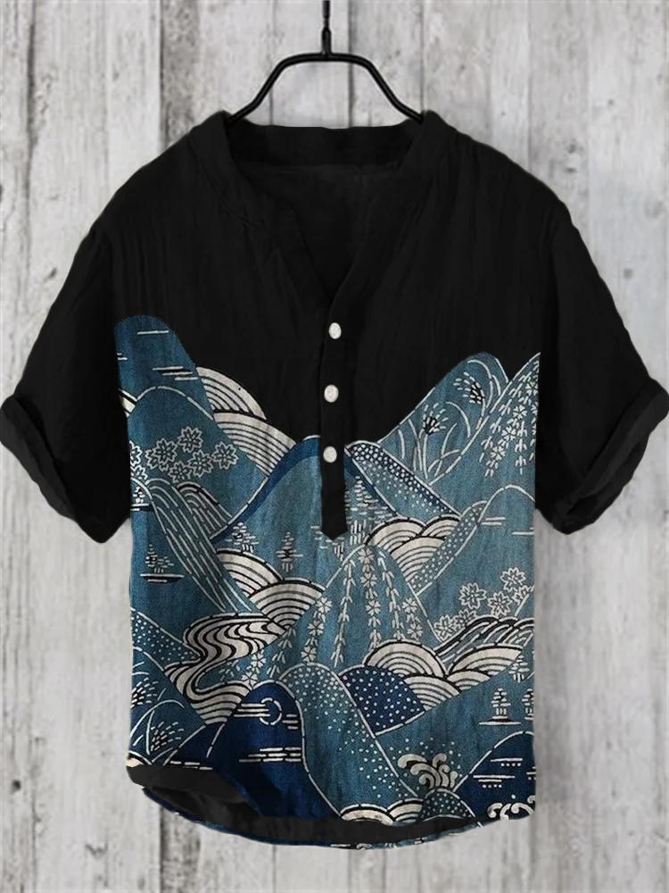 Mountains Landscape Japanese Art Linen Blend Shirt