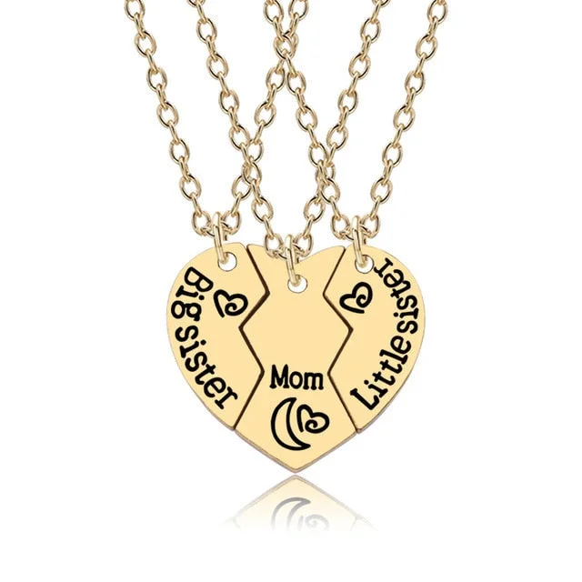 Buzzdaisy 3pcs/set Love Heart Big Little Sis Mom BFF Necklaces