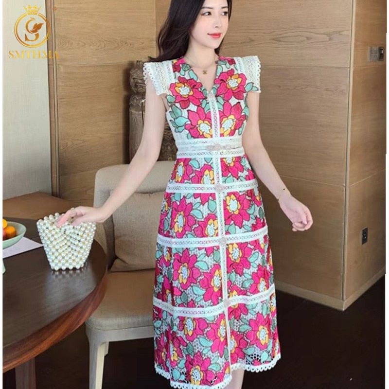 SMTHMA New Arrival Embroidery Flowers Vintage Runway Dress For Women V-Neck Sleeveless High Waist Hollow Out Dresses Vestidos
