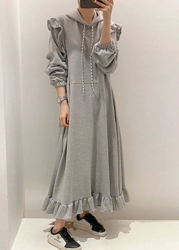 Modern Grey Hooded Ruffled Patchwork Cotton Dresses Spring
