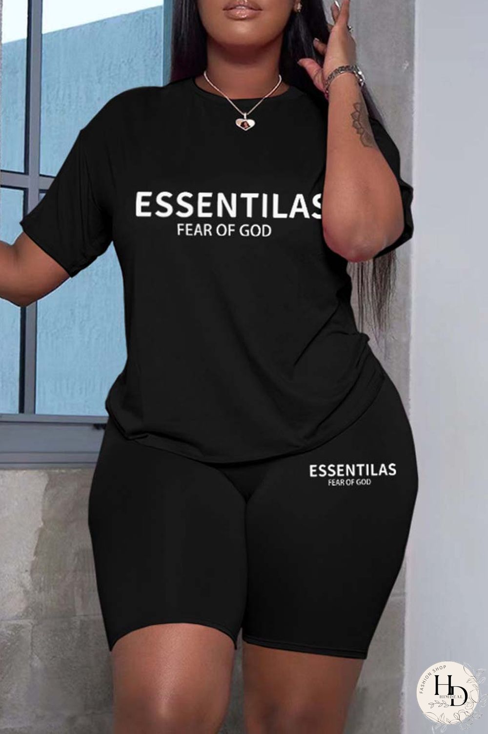 Black Casual Letter Print Solid Basic O Neck Short Sleeve Two Pieces