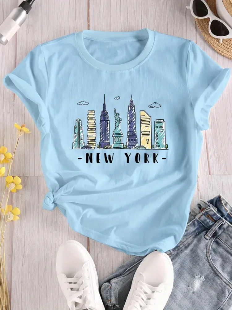 New York Print T-shirt, Casual Crew Neck Short Sleeve Top For Spring & Summer, Women's Clothing