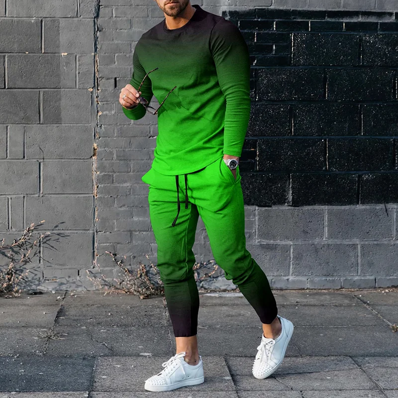 Trendy Green Gradient Print T-Shirt And Pants Co-Ord