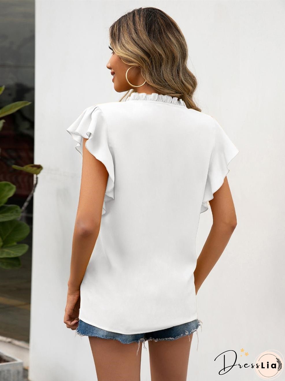 Ruffle Sleeve Casual V-Neck Shirt Top