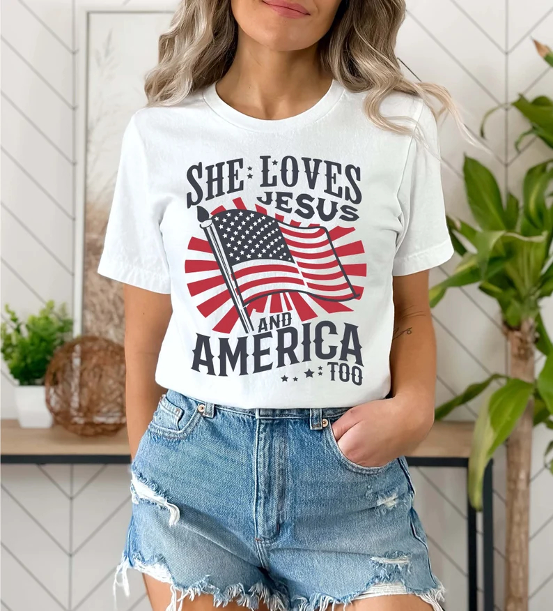 Loveyoufancy Independence Day Shirt, Christian Shirt, 4th of July Shirt, She Loves Jesus And America Too Shirt