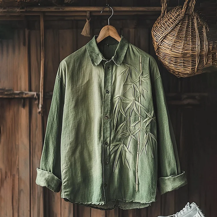 Vintage Bamboo Embroidery Japanese Art Linen Blend Cozy Lapel Shirt