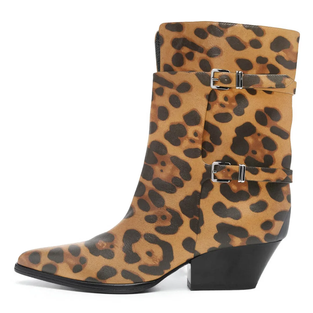 Brown & Black Leopard Print Double Buckle Strap Heeled Booties