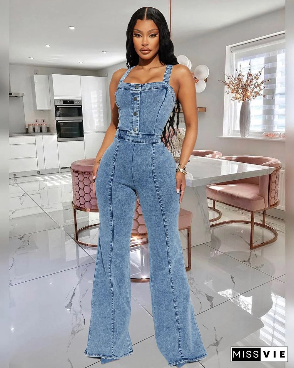 Chic High Waist Sleeveless Denim Jumpsuit