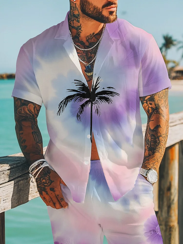 Men's Vacation Coconut Tree Gradient Tie Dye Print Short Sleeve Shirt Set