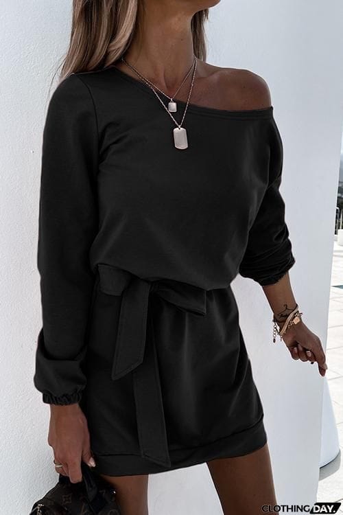 Dew Shoulder Belted Long Sleeve Mini Dress