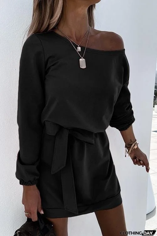 Dew Shoulder Belted Long Sleeve Mini Dress