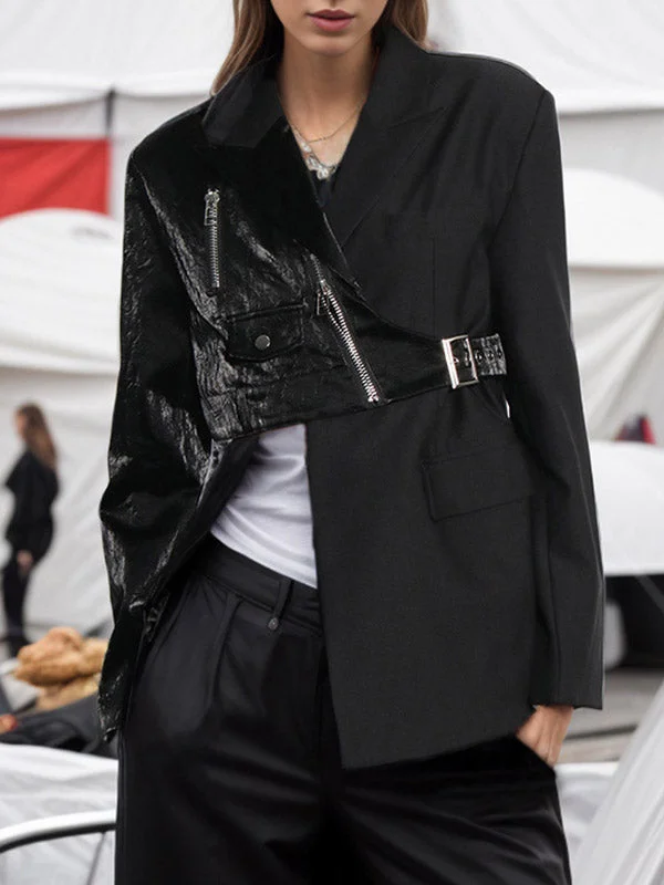 Irregularity Long Sleeves Asymmetric Solid Color Split-Joint Zipper Notched Collar Blazer Outerwear