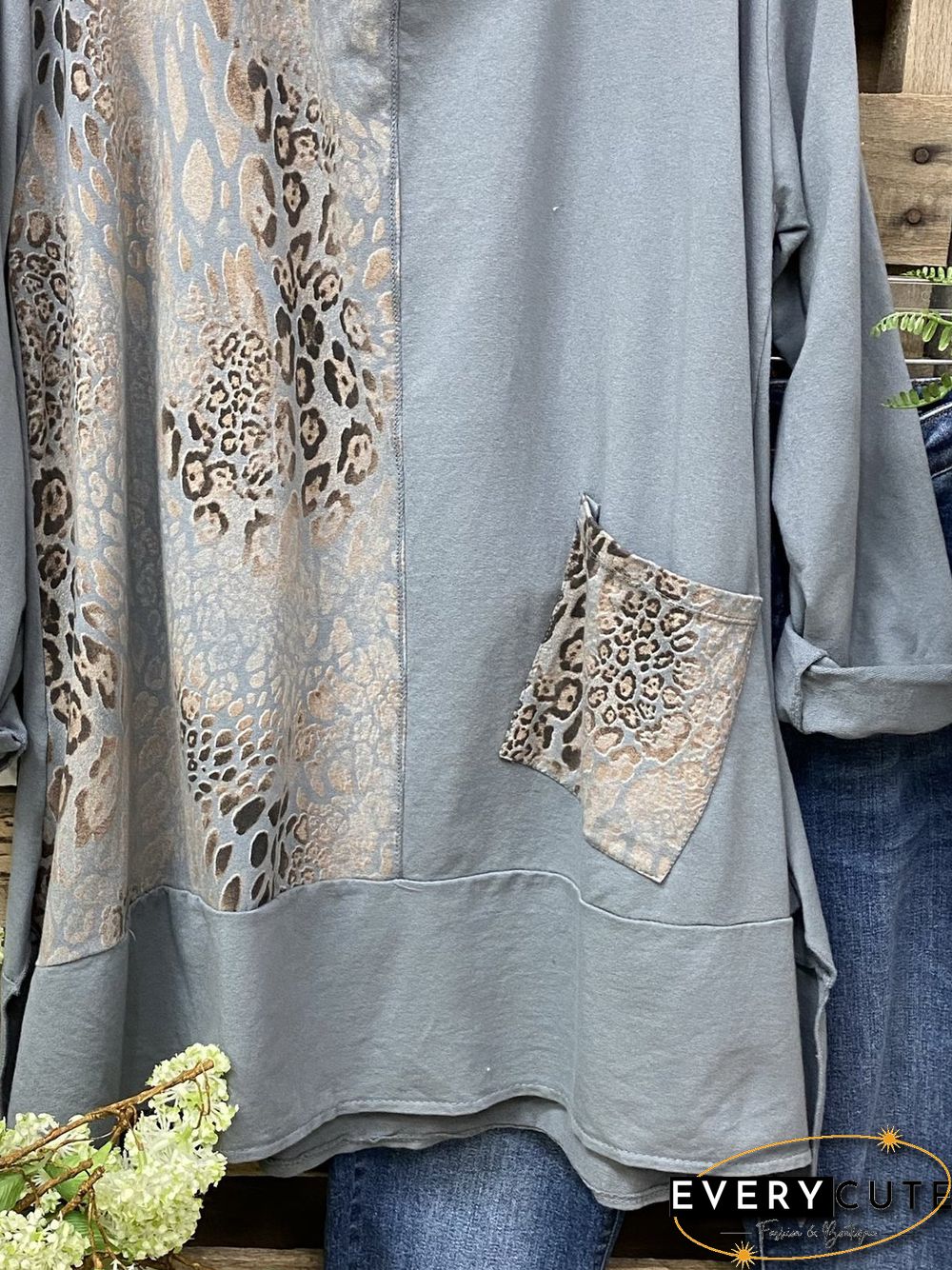 Long Sleeve Cotton-Blend Shift Leopard Shirts & Tops