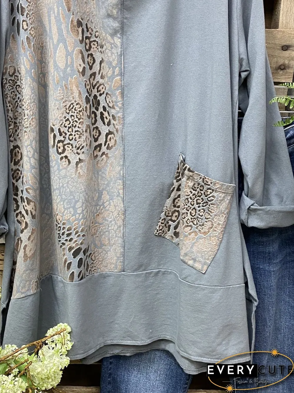 Long Sleeve Cotton-Blend Shift Leopard Shirts & Tops