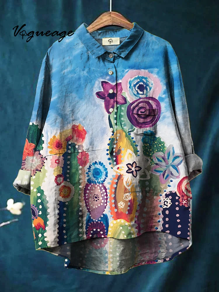 Gorgeous And Charming Watercolor Cactus Printed Cotton And Linen Shirt