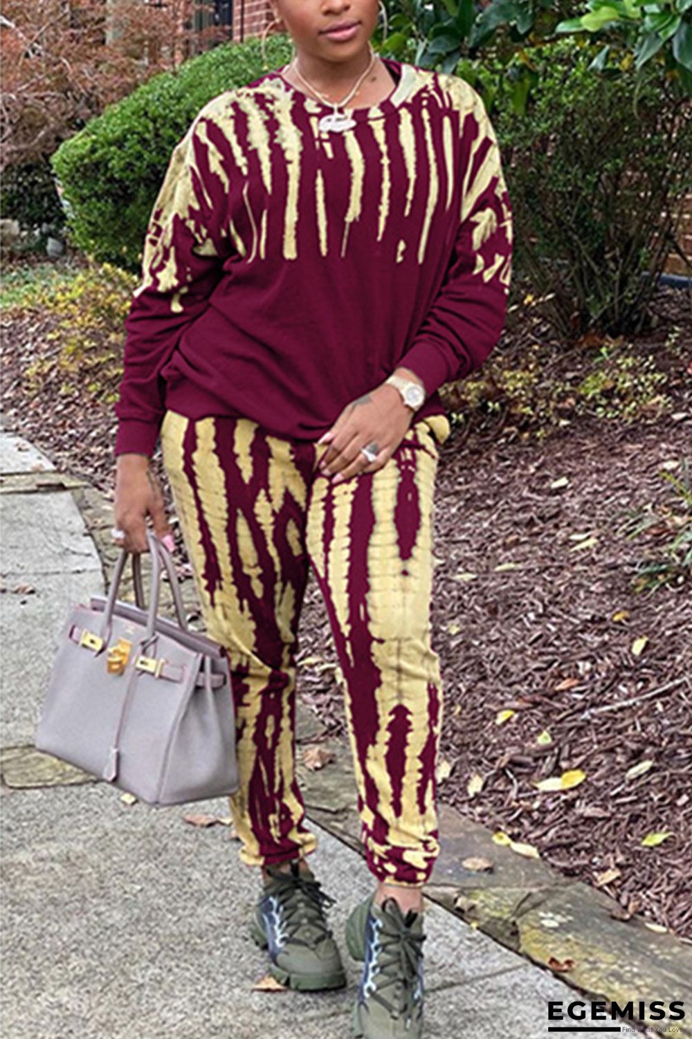 Wine Red Fashion Casual Print Basic O Neck Long Sleeve Two Pieces | EGEMISS