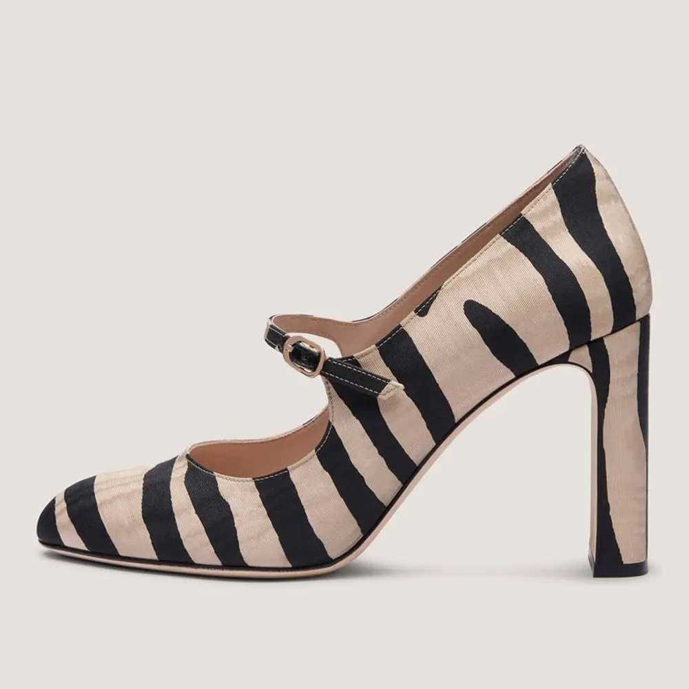 Fabric Round Toe Block Heel Mary Jane Pumps in Zebra Print