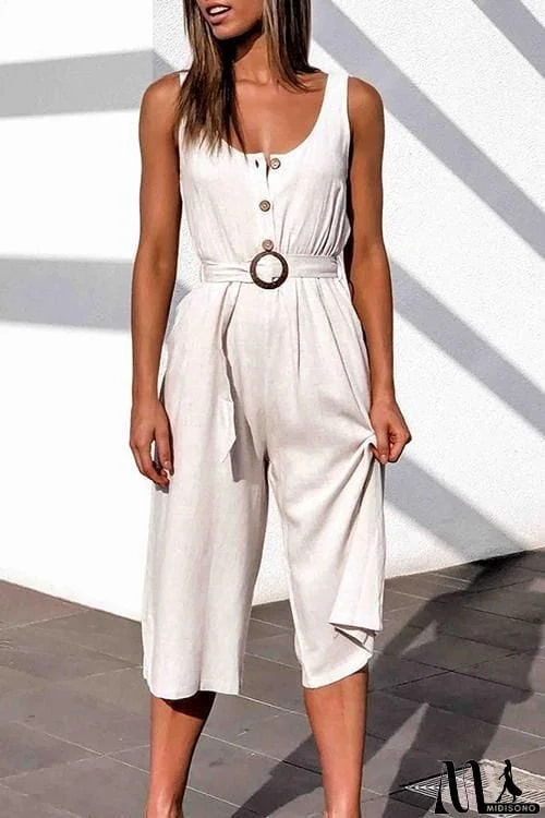 MidiSono - Button U Neck Sleeveless Belted Jumpsuit