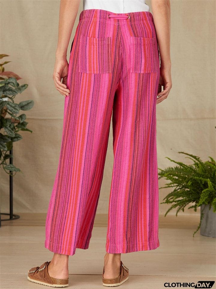 Summer Beach Drawstring Stretchy Stripe Straight Leg Pants for Women