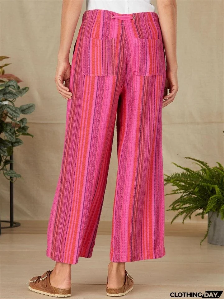 Summer Beach Drawstring Stretchy Stripe Straight Leg Pants for Women