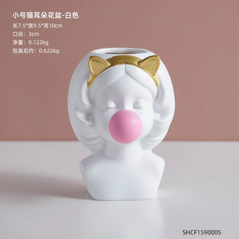 Nordic style girl flower pot plant resin flower pot rabbit ear/cat ear girl potted modern living room decoration decoration gift