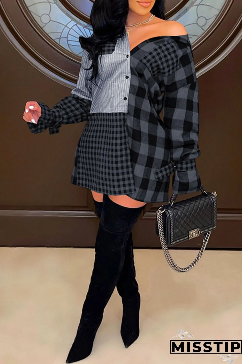 Deep Blue Casual Plaid Print Patchwork Buckle Turndown Collar Shirt Dress Dresses