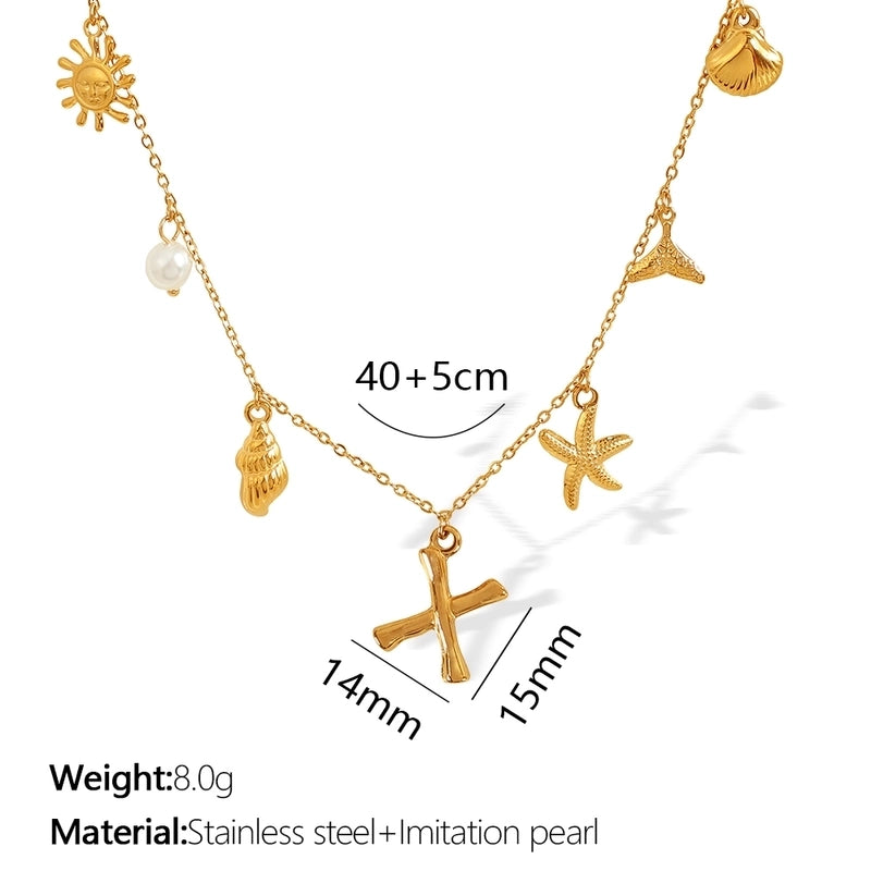 Beach Starfish 304 Stainless Steel Artificial Pearls 18K Gold Plated Polishing Inlay Pendant Necklace