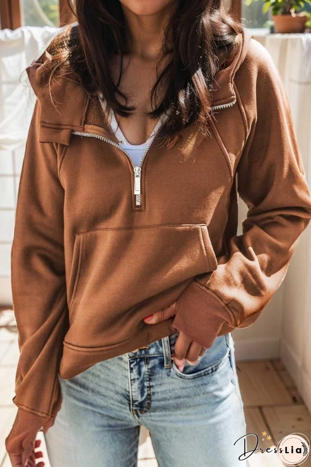 cozy brown hoodie with kangaroo pocket and quarter zip