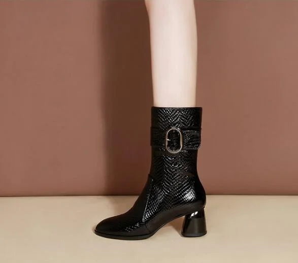 Fall/Winter Mid Calf Boots Woman 2021 5.5cm Heel Short Boots Women's Winter Shoes Plush Booties Zip Buckle for Female Black Blue