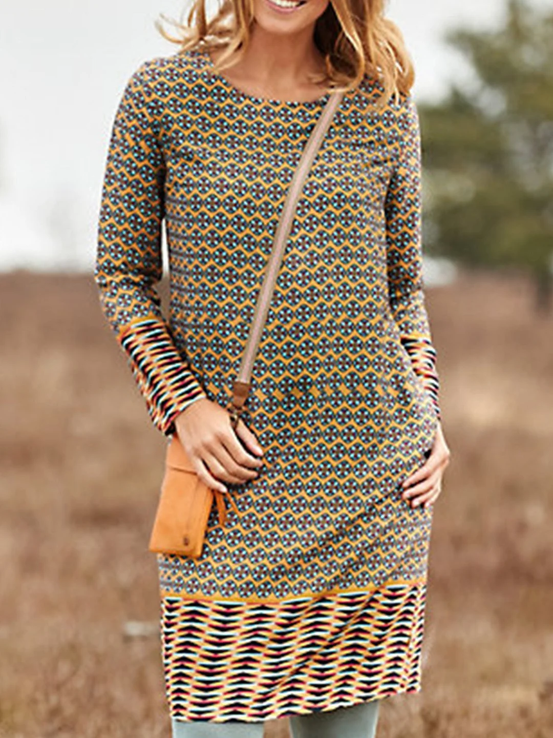 Vintage Floral Autumn Daily Jersey Midi Long sleeve T-Shirt Dress A-Line Dresses for Women