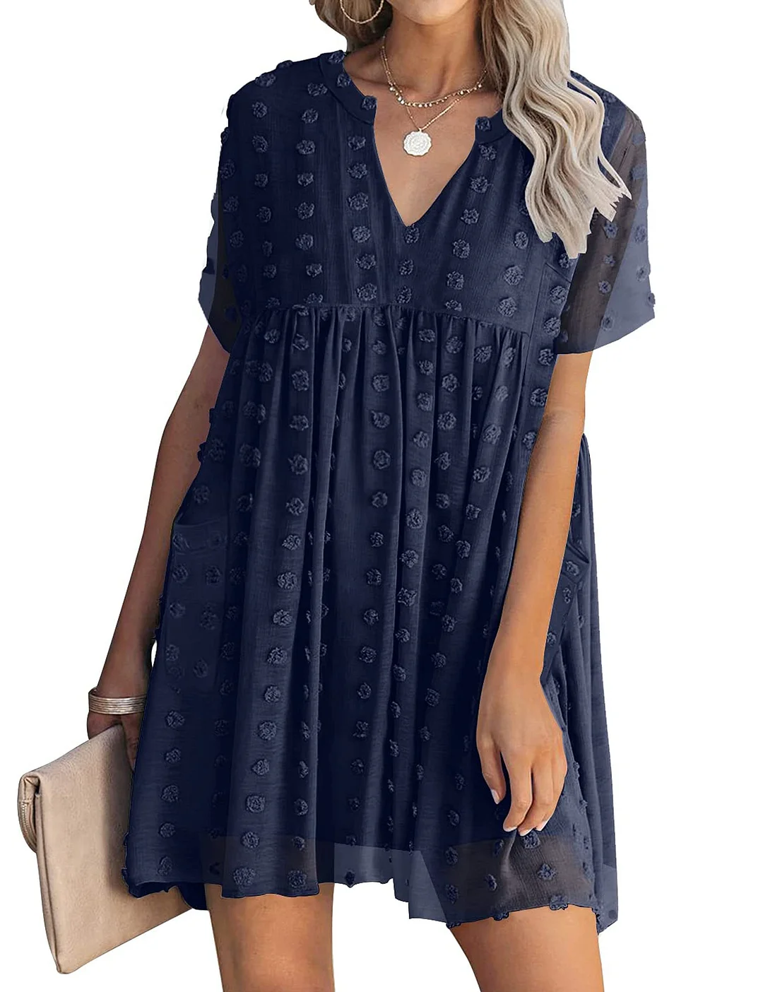 MIHOLL Women's V Neck Short Sleeve Ruffle Loose Summer Flowy Mini Dress