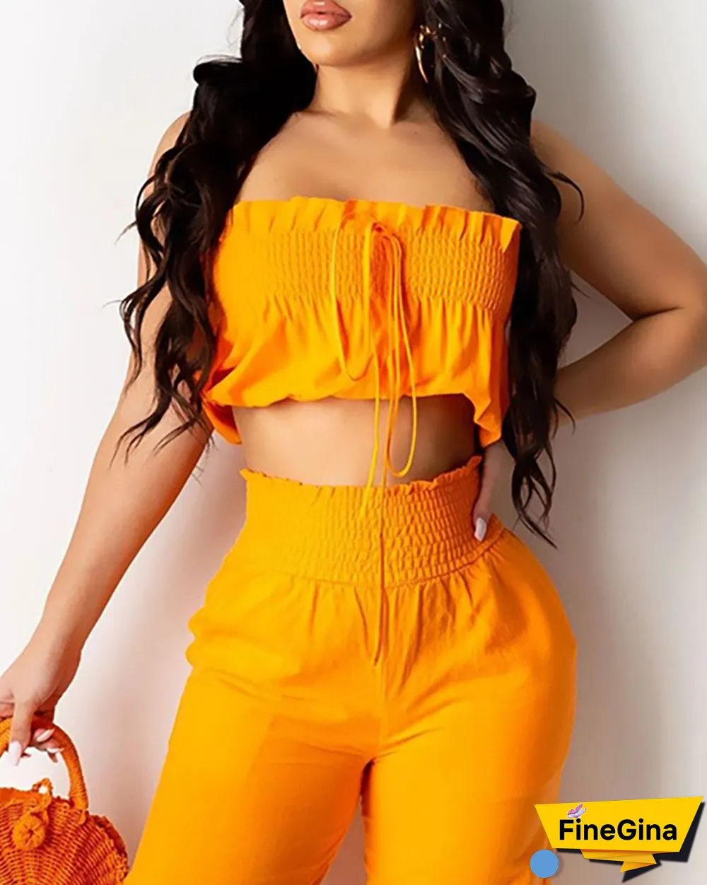 Bandeau Shirring Detail Frill Hem Crop Top & Pants Set