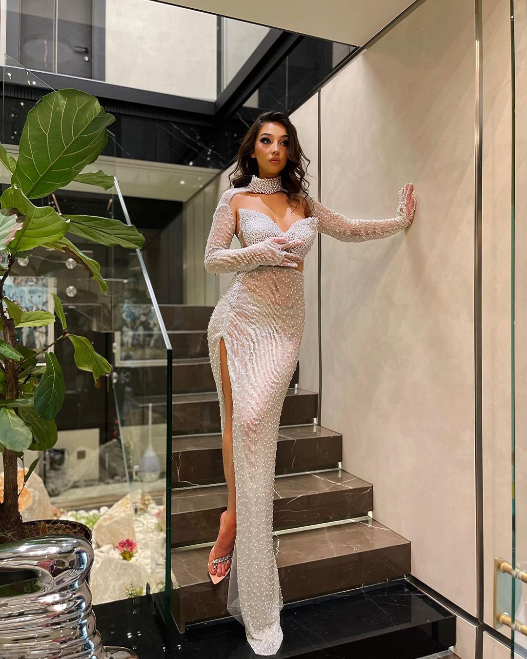 Oknass Chic Ivory High Neck Long Sleeves Long Split Beaded Prom Dress With Gloves