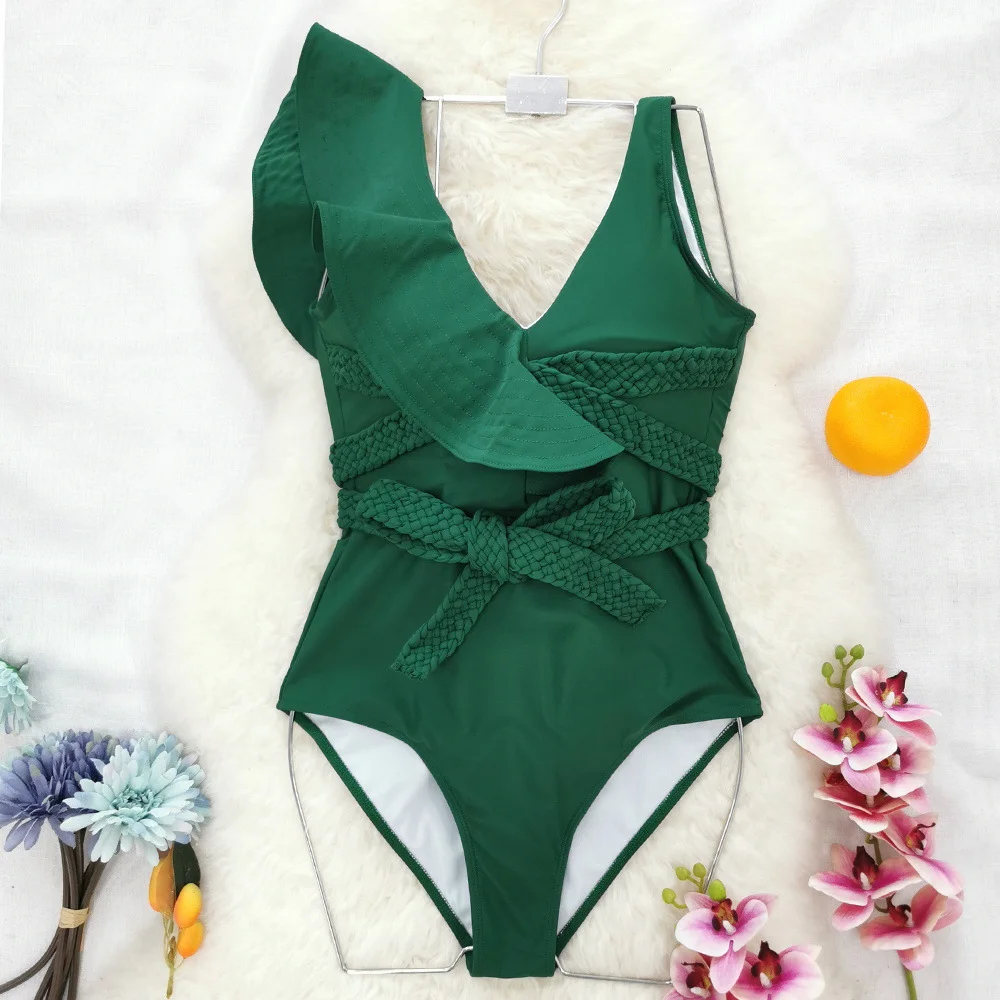 Uveng Solid Color Heavy Industry Pressure Line Lotus Edge Rope Belt Banding Swimsuit Women 2025 New Swimsuit