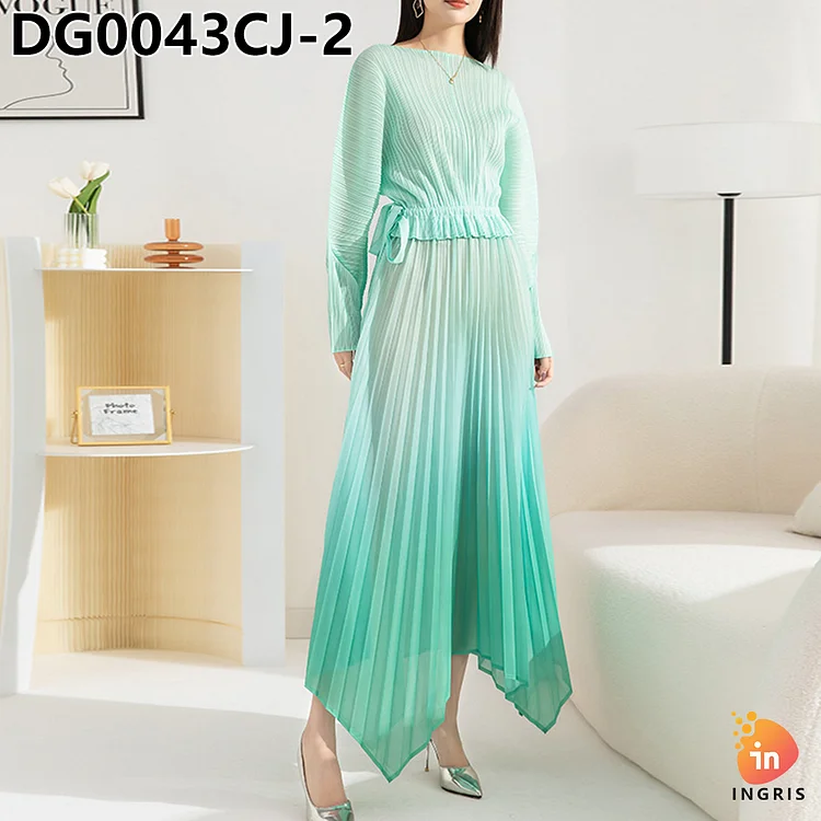 pleated European and American high-end oversized dress 2024 autumn new gradient color irregular waist long skirt-DG00043CJ