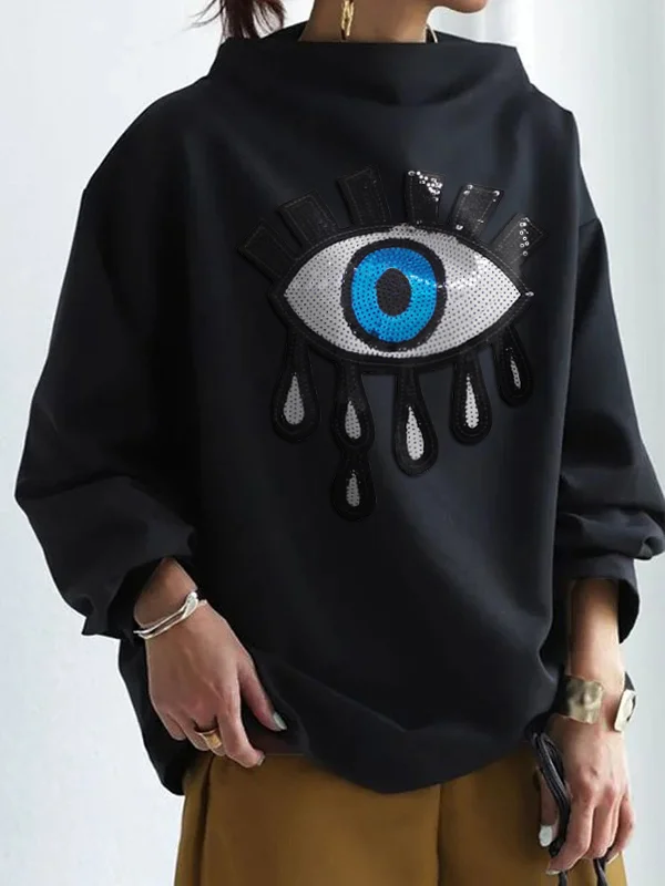 Long Sleeves Loose Applique Eye Shape Stand Collar T-Shirts Tops