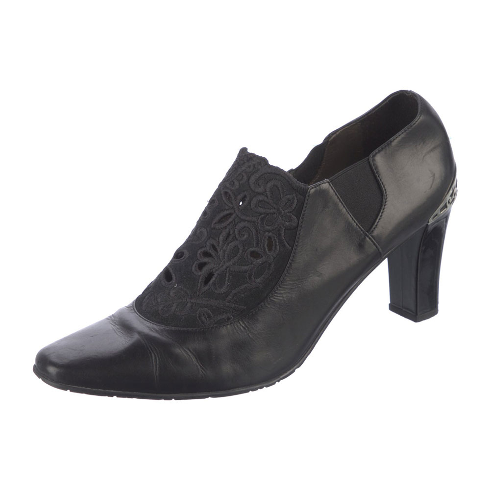 Round Toe Lace Patchwork Black Pumps for Women with Chunky Heel Nicepairs