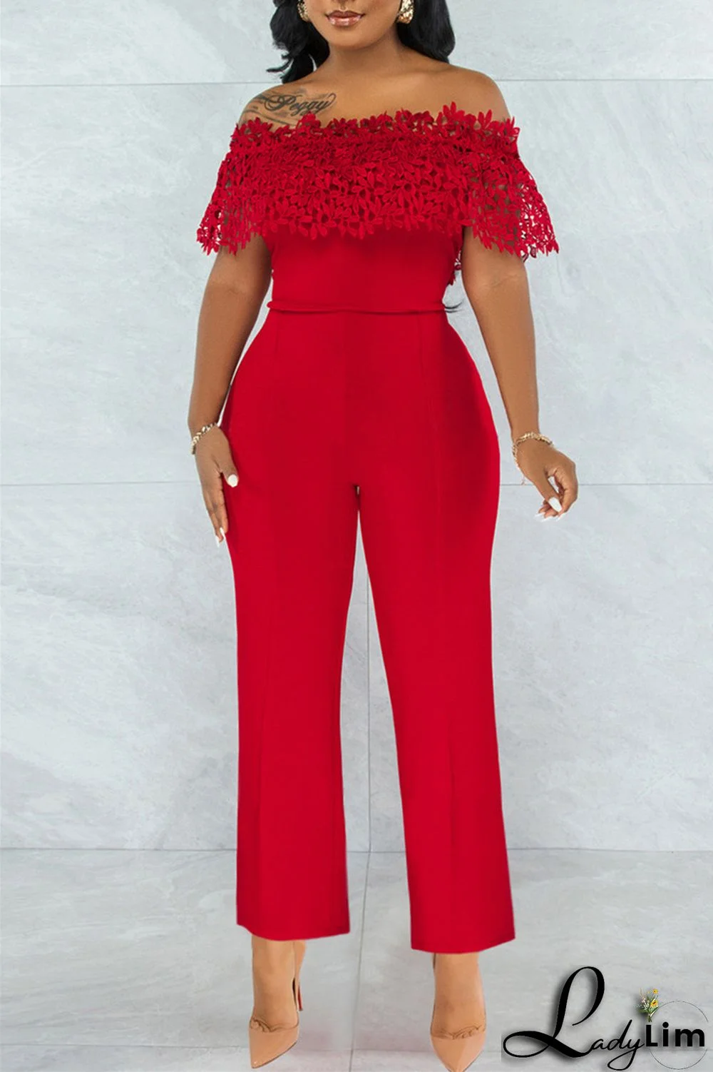 Red Fashion Casual Solid Lace Patchwork Off the Shoulder Regular Jumpsuits