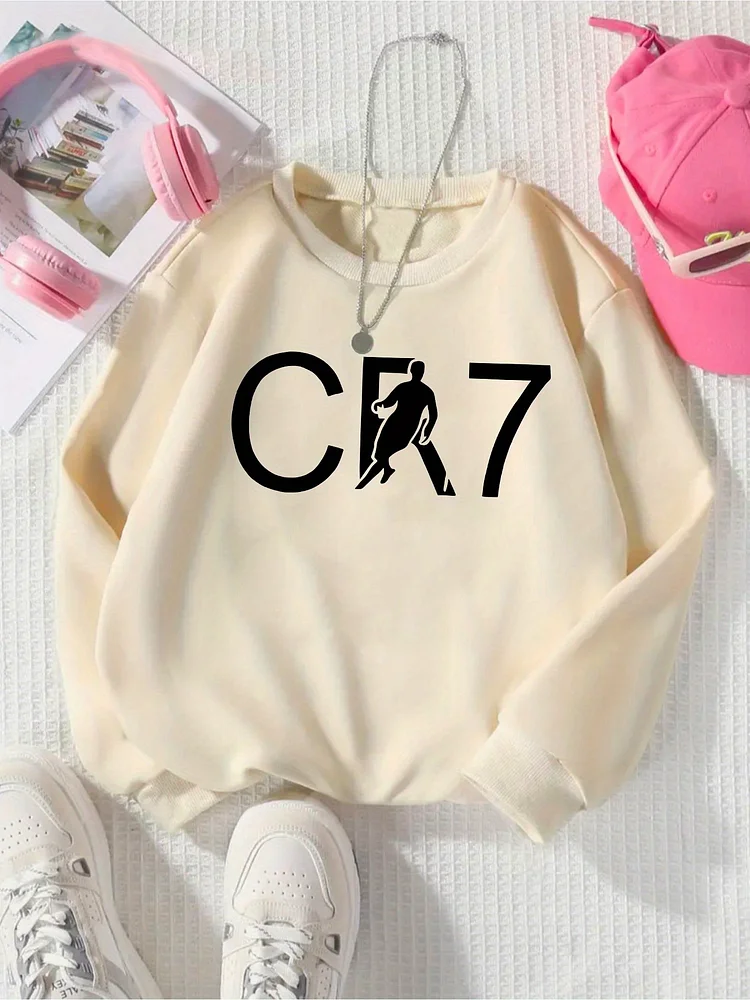 1pc Women's Cr7 Sweater - Beige Pullover Sweatshirt, Machine Washable Casual Soccer Athlete Graphic Sweater For Everyday & Sports Events - Perfect Gift For Cristiano Ronaldo Fans, Sporty Sweatshirt