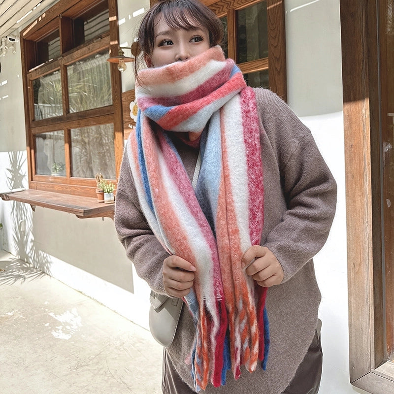Latest Mohair Striped Tassel Scarf Fashion Geometric Gradient Shawl Japanese And Korean Versatile Thickened Scarf