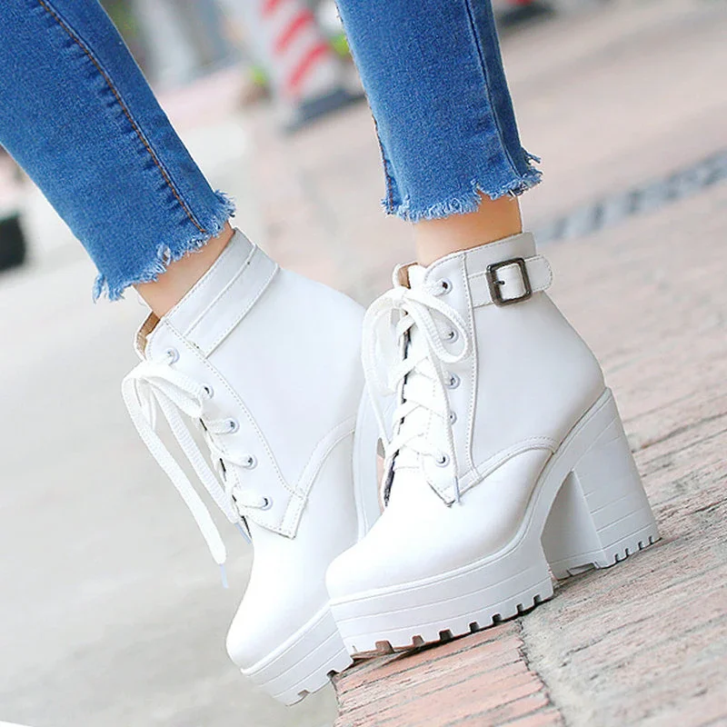 Qjong Autumn Fashion Women Boots Square High Heels Platform Buckle Lace Up Pu Short Booties Winter Ladies Shoes 2021 White