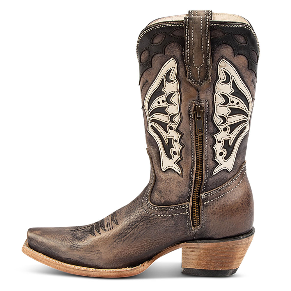 Brown Butterfly Inlay Snip Toe Chunky Heel Mid-Calf Cowgirl Boots Nicepairs