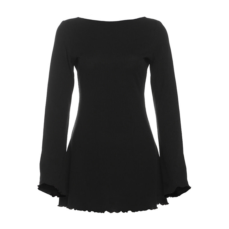 Aiertu leapord halloween outfit Style Autumn Women's Clothing Solid Color Slim High Waist Fashion round Neck Long Sleeve Backless Dress aiertu