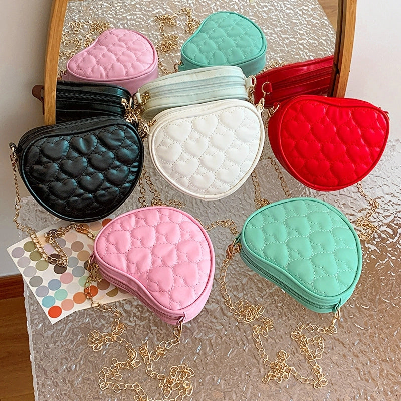 Kid'S Small Pu Leather Solid Color Cute Heart-shaped Zipper Crossbody Bag