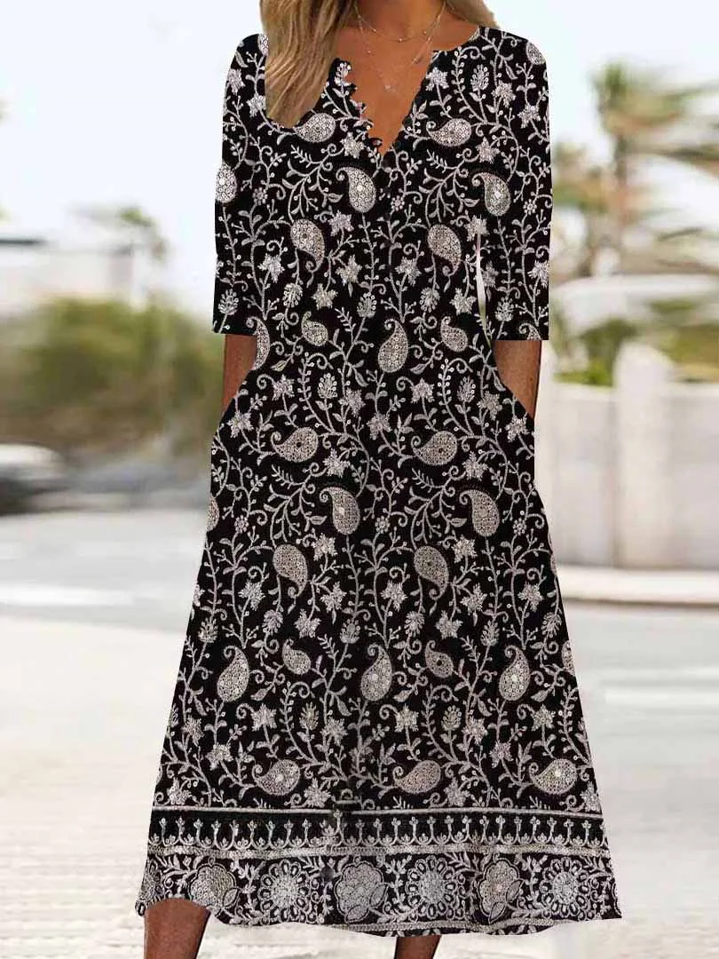 Women Graphic,Black DZHB8389 Long Sleeve V-Neck Graphic Printed Midi Dress