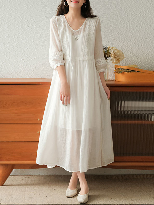 Embroidered Half Sheer Sleeve V Neck Elegant Chiffon Dress