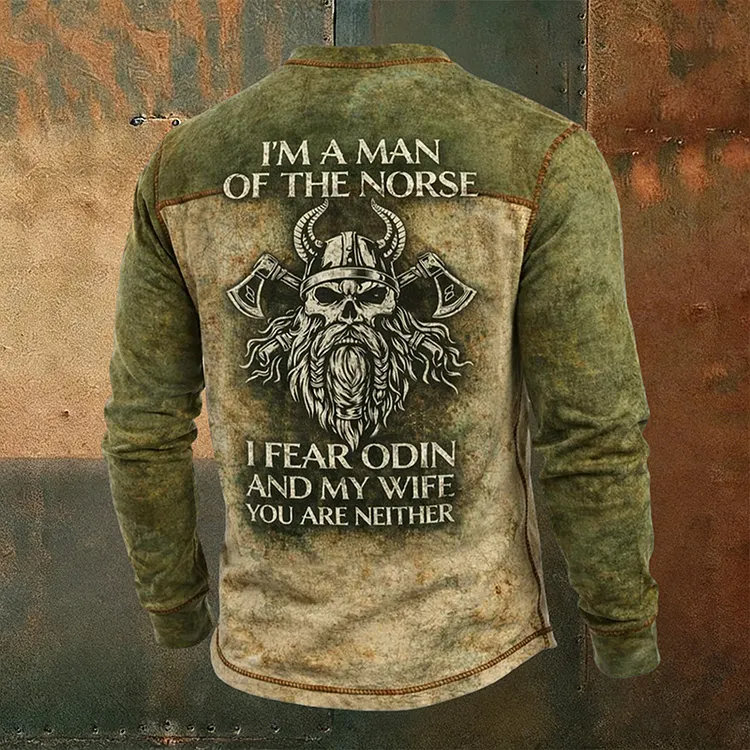 Men's Retro Viking-style Color Block Printed Long-sleeved Casual T-shirt